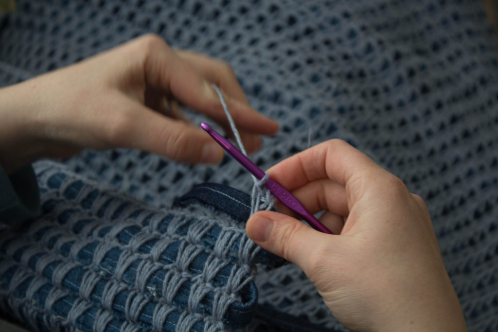 Begin working Single Crochets around cord/rag/yarn